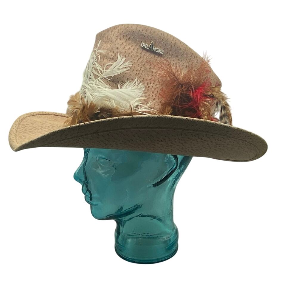 Vintage‎ Bailey U-Rollit Tan Suede Cowboy Hat Size 7 Feathers Oklahoma Pin